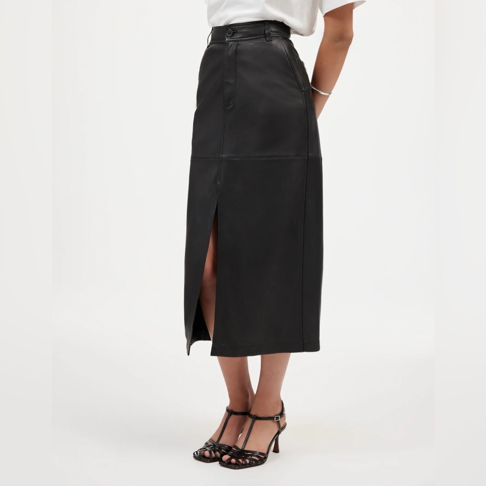 NWT Madewell Leather Midi Skirt in Black Size 6 $498 NN408 Genuine Lamb Leather
